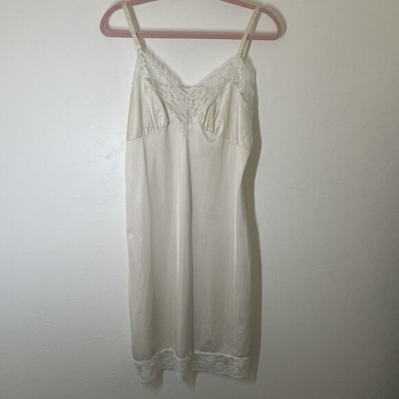 Vintage 70s Full Slip Dress Lingerie Ivory Nylon Lace Coquette Babydoll Size 36 - Picture 1 of 7